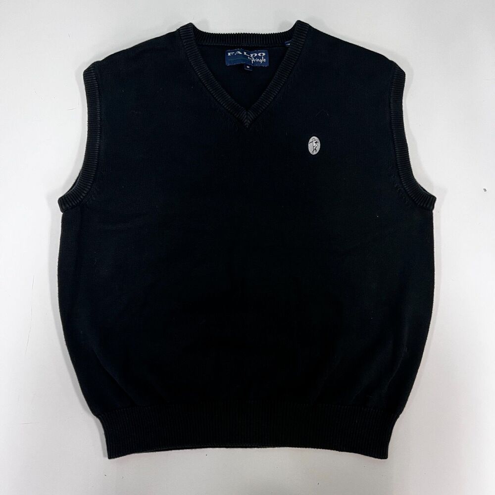 Faldo by Pringle Mens M Black V-Neck Sweater Vest 100% Cotton Golf Pullover Knit